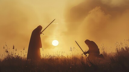 Two figures in cloaks stand in a field, silhouetted against a setting sun. One kneels, holding a sword.  A sense of mystery and drama fills the scene.