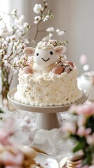 Fototapeta premium A festive cake adorned with a sheep and flowers, perfect for a spring birthday party