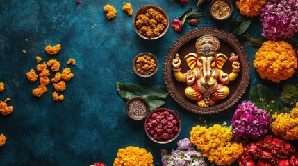 Fototapeta premium Top view of vibrant Ganesh Chaturthi decorations with flowers and sweets
