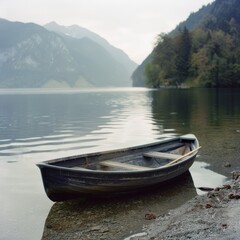 A lone rowboat rests by the shore of a calm lake, surrounded by misty mountains and serene reflections, capturing a moment of tranquil beauty in nature.