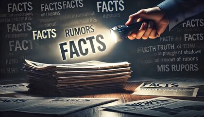 A stack of newspapers illuminated by a flashlight, highlighting the word 'facts' amidst 'rumors'.