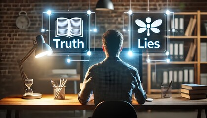 A person sitting at a desk, contemplating 'truth' and 'lies' icons, symbolizing media literacy and critical thinking.