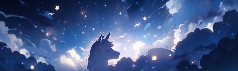 Enchanting Anime-Style Fantasy: A Dreamy Cartoon Unicorn Under a Starry Sky, a Magical Nighttime Story Theme Ideal for Abstract Art, Game Concepts, and 4K Storybook Wallpapers.