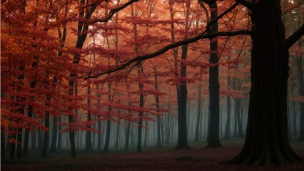 Obraz premium Magical Copse Bathed in Scarlet within Veil of Mystery 