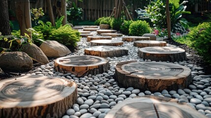 Naklejka premium A path made of tree trunk pieces laid on small gravel.