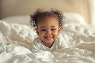 African american baby girl smiling smile bed.