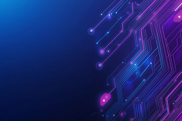 Futuristic vector illustration of an abstract circuit board with neon blue and purple gradients, showcasing intricate digital patterns and tech elements