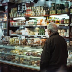 An elderly man examines deli items in a cozy, warm-lit shop, representing nostalgia and the simple pleasures of food.