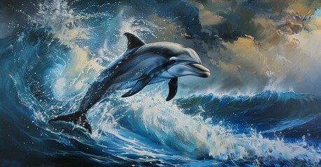 Naklejka premium Dolphin Leaping Through Waves.