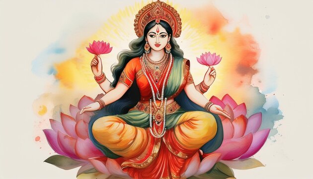 Watercolor illustration of the Hindu goddess Lakshmi for Varalakshmi Vratam.