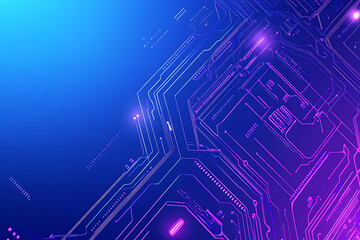 Futuristic vector illustration of an abstract circuit board with neon blue and purple gradients, showcasing intricate digital patterns and tech elements
