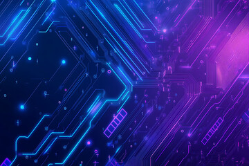 Futuristic vector illustration of an abstract circuit board with neon blue and purple gradients, showcasing intricate digital patterns and tech elements