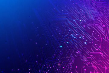 Futuristic vector illustration of an abstract circuit board with neon blue and purple gradients, showcasing intricate digital patterns and tech elements