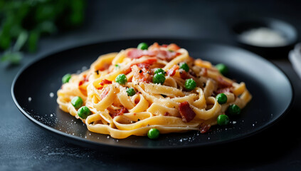 Pasta Carbonara on black plate