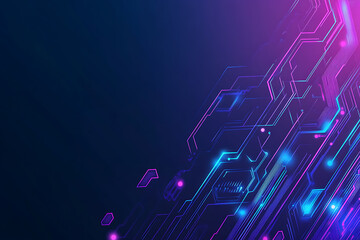 Futuristic vector illustration of an abstract circuit board with neon blue and purple gradients, showcasing intricate digital patterns and tech elements