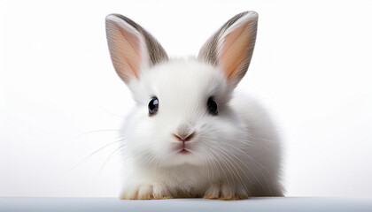 Obraz premium 白くてふわふわしたウサギが正面を見つめている姿が描かれています。ウサギの大きな耳と丸い目が特徴的で、とても可愛らしい表情をしています。背景は白で、ウサギの純白の毛並みが際立つシンプルで清潔感のある構図です。generative AI