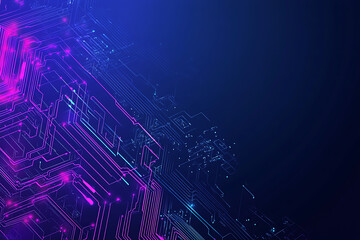 Futuristic vector illustration of an abstract circuit board with neon blue and purple gradients, showcasing intricate digital patterns and tech elements