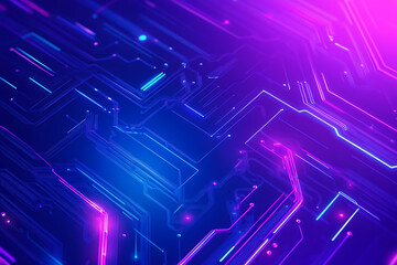 Futuristic vector illustration of an abstract circuit board with neon blue and purple gradients, showcasing intricate digital patterns and tech elements