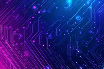 Futuristic vector illustration of an abstract circuit board with neon blue and purple gradients, showcasing intricate digital patterns and tech elements