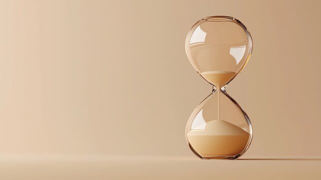 A sand timer is sitting on a tan surface