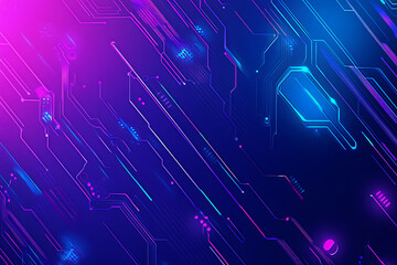 Futuristic vector illustration of an abstract circuit board with neon blue and purple gradients, showcasing intricate digital patterns and tech elements