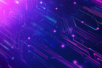 Futuristic vector illustration of an abstract circuit board with neon blue and purple gradients, showcasing intricate digital patterns and tech elements