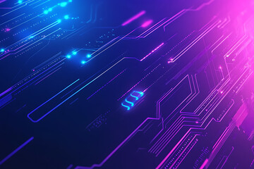 Futuristic vector illustration of an abstract circuit board with neon blue and purple gradients, showcasing intricate digital patterns and tech elements