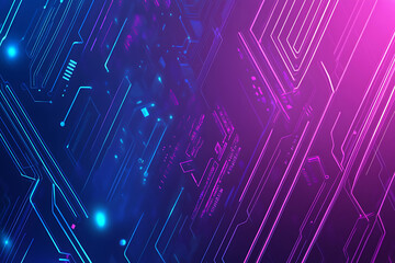 Futuristic vector illustration of an abstract circuit board with neon blue and purple gradients, showcasing intricate digital patterns and tech elements