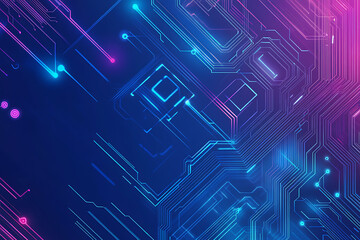 Futuristic vector illustration of an abstract circuit board with neon blue and purple gradients, showcasing intricate digital patterns and tech elements