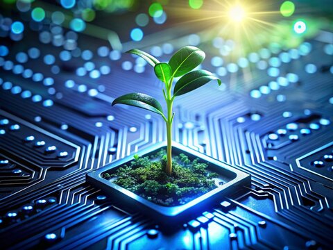 A young plant sprouting from a high-tech circuit board, symbolizing the intersection of nature and technology, with a focus on sustainability and green innovation