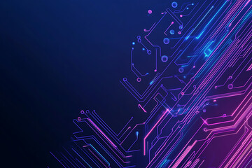 Futuristic vector illustration of an abstract circuit board with neon blue and purple gradients, showcasing intricate digital patterns and tech elements