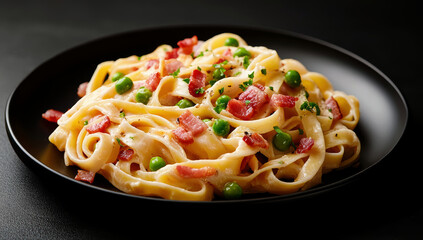 Pasta Carbonara on black plate