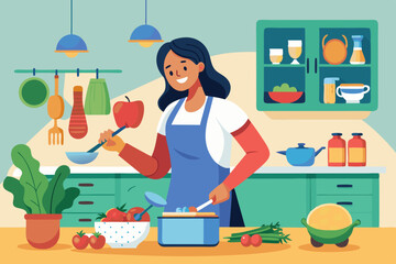 healthy eating woman cooking a nutritious meal vector illustration