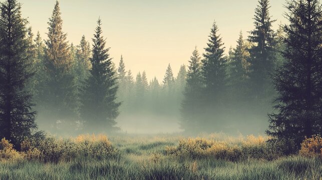 Fototapeta Beautiful forest landscape with fog and a pine tree, Spring nature scene.