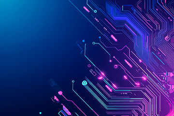 Futuristic vector illustration of an abstract circuit board with neon blue and purple gradients, showcasing intricate digital patterns and tech elements