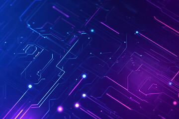 Futuristic vector illustration of an abstract circuit board with neon blue and purple gradients, showcasing intricate digital patterns and tech elements