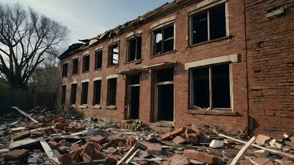 Fototapeta premium A brick building, now in ruins, with broken windows and debris scattered on the ground.