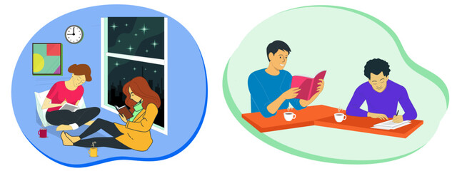 Group of girls and boys students are busy in the study activities at home. Vector cartoon illustration. 