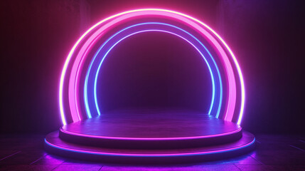 Product Display on a Round Podium Against a Futuristic Space Science Background with Purple Neon Theme