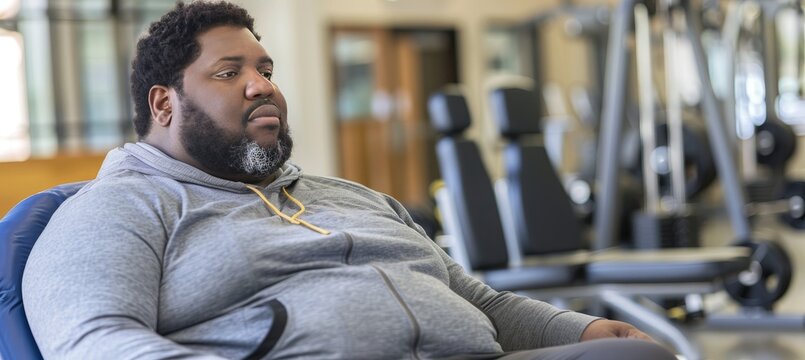 Pensive Overweight Man in Gym A Contemplative Moment Before Embarking on Fitness Journey - Powered by Adobe