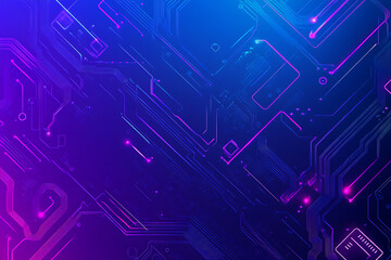 Futuristic vector illustration of an abstract circuit board with neon blue and purple gradients, showcasing intricate digital patterns and tech elements