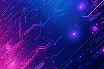 Futuristic vector illustration of an abstract circuit board with neon blue and purple gradients, showcasing intricate digital patterns and tech elements