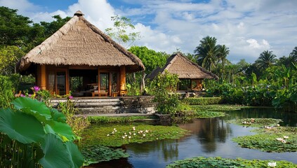 Two thatched huts by a pond with lily pads.