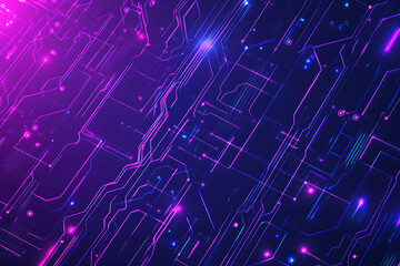 Futuristic vector illustration of an abstract circuit board with neon blue and purple gradients, showcasing intricate digital patterns and tech elements