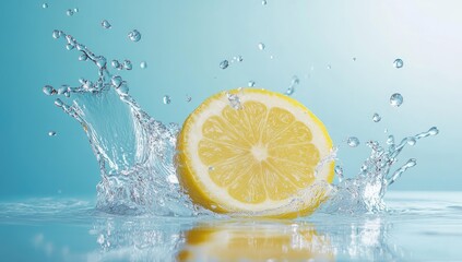 Lemon slice splashing into water, creating bubbles.