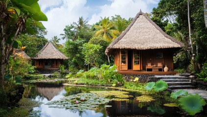 Tropical hut with pond and lily pads.
