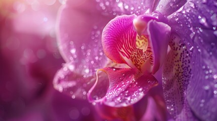 Pink Orchid Flower Macro with Water Drops and Bokeh.