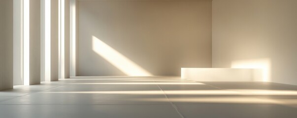 A minimalist interior space with soft light streaming through large windows, creating a serene atmosphere for creative projects.