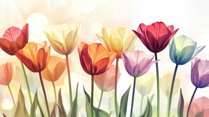 A stunning illustration of multicolored tulips with intricate petal details, set against a bright, light background