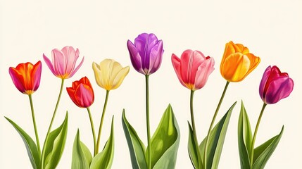 Fototapeta premium A vivid array of colorful tulips with detailed petals, standing out against a light background, perfect for nature-inspired designs